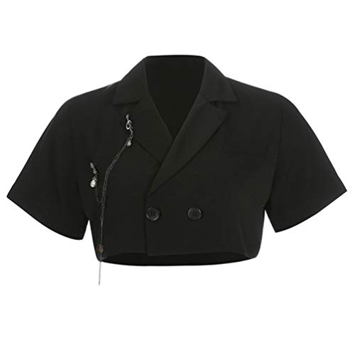 TENDYCOCO Blazer Corto de Manga Corta para Mujer Chaqueta Casual de Moda Blazer Elegante con Cuello Abierto para Dama Niñas- (Talla M Negro)