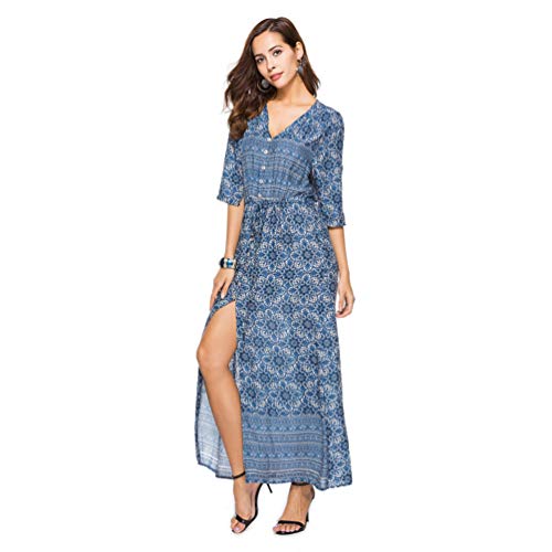 TENDYCOCO Vestido Bohemio de Mujer Vestido Estampado Floral Vestido de Playa de Manga Corta con Cuello en v Azul