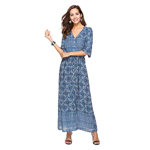TENDYCOCO Vestido Bohemio de Mujer Vestido Estampado Floral Vestido de Playa de Manga Corta con Cuello en v Azul