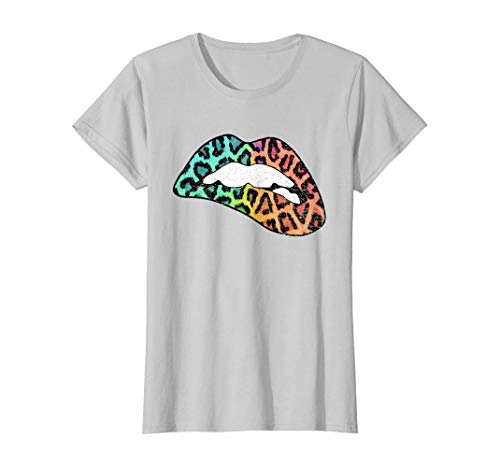 Tengyuntong Camisetas y Tops Polos y Camisas, Camiseta con Estampado de Leopardo de Labios morder Labios Trendy Lips Rainbow Colors