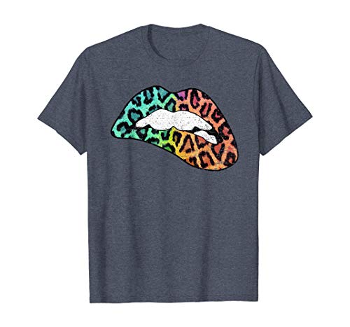 Tengyuntong Camisetas y Tops Polos y Camisas, Camiseta con Estampado de Leopardo de Labios morder Labios Trendy Lips Rainbow Colors