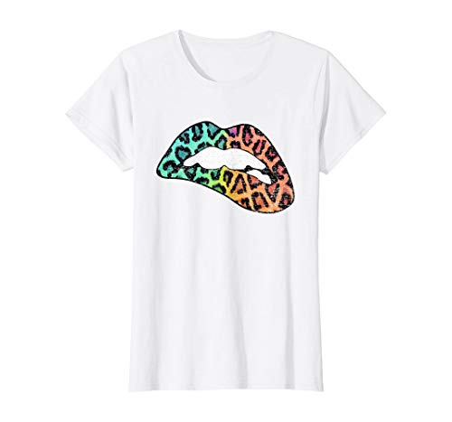 Tengyuntong Camisetas y Tops Polos y Camisas, Camiseta con Estampado de Leopardo de Labios morder Labios Trendy Lips Rainbow Colors