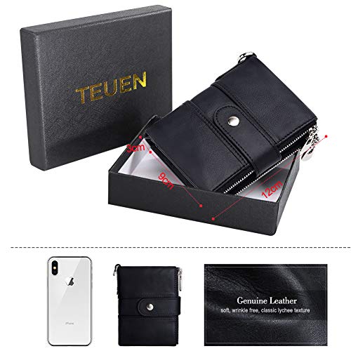 TEUEN Cartera Hombre Cuero Pequeña Billetera Cremallera para Hombre con Monedero Muchos Compartimentos, RFID Bloqueo Carteras Piel Bolsillo Hombre con Cadena 16 Ranuras para Tarjetas (Negro)