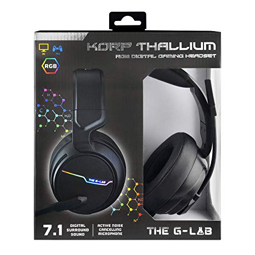 THE G-LAB Korp THALLIUM Cascos Gaming USB 7.1 Digital Surround - Auriculares Gaming - Micrófono con cancelación de ruido, LED RGB - Compatible con PC PS4 Mac (Negro)