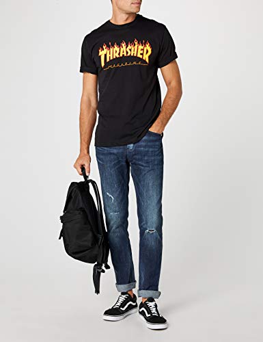 THRASHER Flame Camiseta, Unisex Adulto, Black, M
