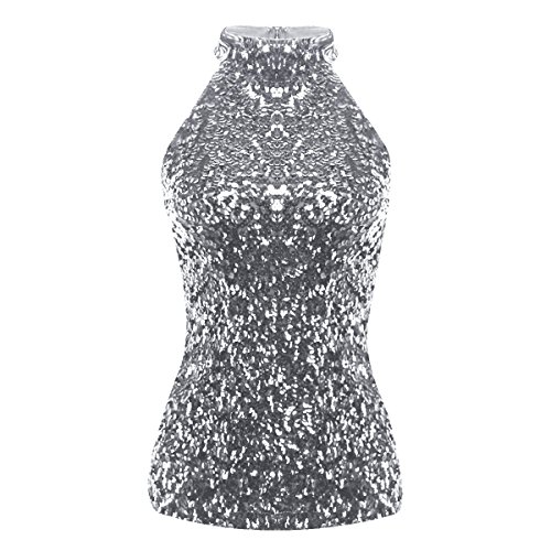 TiaoBug Chaleco con Lentejuelas Brillantes Adornado para Fiesta Carnaval Mujer Tank Top Llamativo Cuello Cogido para Comunión Bailarina Cantante Plateado One_Size