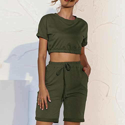 Timagebreze Top Corto de Manga Corta con Cuello Redondo + Pantalones Cortos de Cintura EláStica Conjunto de 2 Piezas para Mujer CháNdales Ajustados Informales SóLidos Verde Militar XL