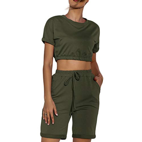 Timagebreze Top Corto de Manga Corta con Cuello Redondo + Pantalones Cortos de Cintura EláStica Conjunto de 2 Piezas para Mujer CháNdales Ajustados Informales SóLidos Verde Militar XL
