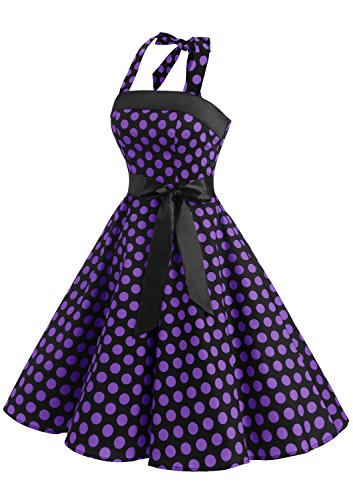 Timormode 10212 Vestido De Vintage Cóctel 50s Elegante Mujer con Cinturón Negro Violeta XS