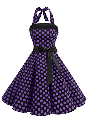 Timormode 10212 Vestido De Vintage Cóctel 50s Elegante Mujer con Cinturón Negro Violeta XS