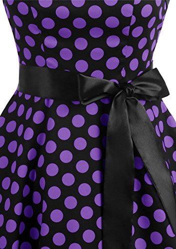 Timormode 10212 Vestido De Vintage Cóctel 50s Elegante Mujer con Cinturón Negro Violeta XS