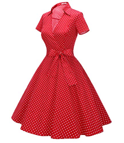 Timormode Mujer A-Línea Manga Corta Retro 1950s Vintage Prom Vestidos Rojo Pequeño Punto 3XL