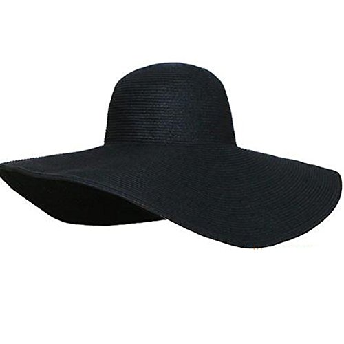 TININNA Moda Sombrero,Bohemia Verano Sun Floppy Plegable Sombrero de la Playa de la Paja del Borde Grande Ancho Cap.(Negro)