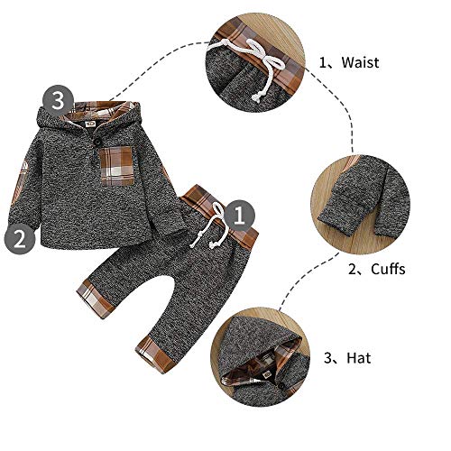TMEOG Conjuntos de Ropa para Bebés Conjunto de Sudadera para Niños y Niñas Ropa de otoño e Invierno Tops de Manga Larga con Capucha a Cuadros para Bebés + Pantalones (Caqui, 2-3 años)