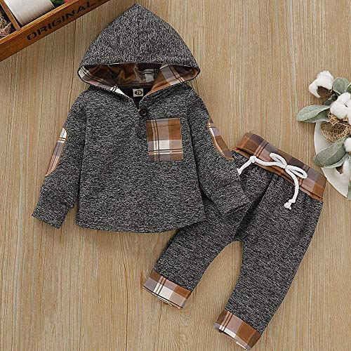 TMEOG Conjuntos de Ropa para Bebés Conjunto de Sudadera para Niños y Niñas Ropa de otoño e Invierno Tops de Manga Larga con Capucha a Cuadros para Bebés + Pantalones (Caqui, 2-3 años)