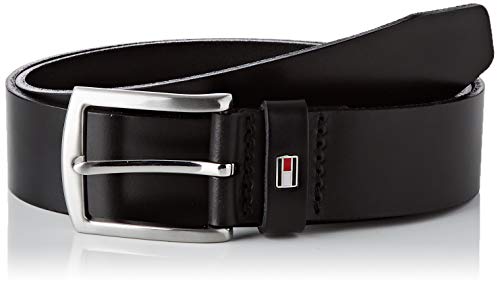 Tommy Hilfiger Denton C Cinturón con Hebilla Redondeada Plateada y Logo, Negro (Black), 100 cm para Hombre