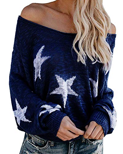 Tomwell Mujer Jerséis Moda Impresión de la Estrella Suéter Largo Casual Jersey Prendas de Punto de Cuello Barco Mangas Largas Camiseta Tops Azul ES 38