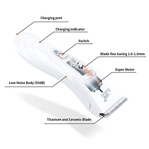 Toozey Cortapelos Perros Profesional para Cabello Grueso/Largo/Corto/Rizado - Kit de Maquina Cortar Pelo Perros de Silencioso Inalámbrico Recargable para Todas Las Mascotas, Blanco