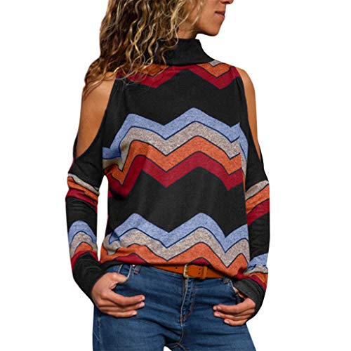 Top de Manga Larga de algodón para Mujer Cuello Redondo con Hombros Descubiertos Camisa a Rayas Chaqueta Informal riou