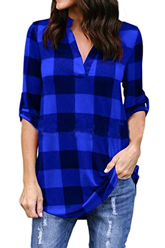 Top Mujer Verano Mangas 3/4 V-Cuello A Cuadros Shirt Camisas Señoras Modernas Casual Moda Vintage Elegantes Casuales Anchas Classic Talla Grande Blusas Camisa (Color : Azul, Size : L)