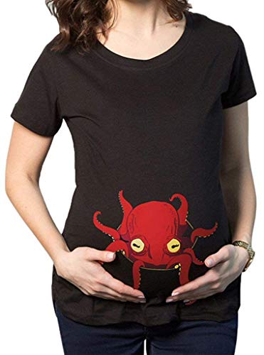 Top para Mujer Embarazada De Manga Larga Holgada Vintage Holgada con Cuello Redondo Top Mujeres Top Pulpo Embarazo Divertido Camisetas Venta De Regalos Camisas (Color : Brown, Size : M)