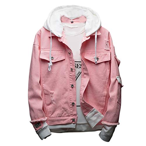 TOPKEAL Chaqueta Vaquera con Capucha de Moda para Hombre Cómoda Chaqueta de Jean Estilo Coreano para Jovenes Rosa XL