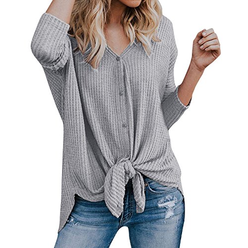 Tops Henley Mujeres Suelto Tejer Blusa Túnica Nudo de Corbata ala de Murciélago Camisas Lisas