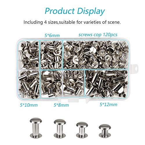 Tornillos Chicago, LANMOK 120 Juegos 5mm Botones Chicago Plateados Surtidos Kit Sujetadores para Atornillar Accesorios de Metal para Manualidades DIY Cinturones de Cuero Encuadernación