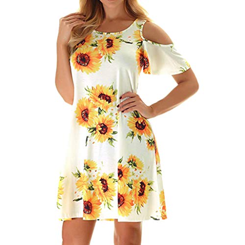 Tosonse Vestido De Verano con Hombros Descubiertos para Mujer Casual Summer Beach Party Manga Corta con Estampado De Girasol Vestido De Línea