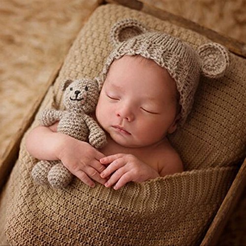 TOYMYTOY Accesorios de fotografía recién nacidos Sombrero de punto lindo Gorro de fotografía de niñas con osito de ganchillo (Beige)