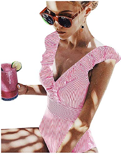 Traje de baño de una pieza para mujer, para la playa, cuello en V, favorecedor, cuerpo entero, a rayas con flores, bikini para mujer, sujetador push up rojo XXL