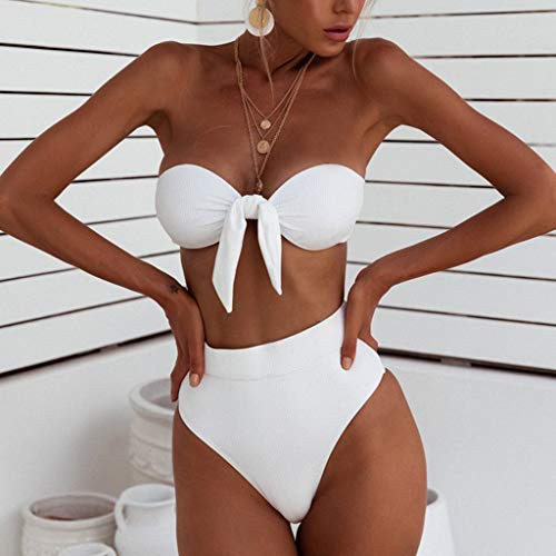 Traje de Baño Mujer 2019 SHOBDW Bohemia Sexy Conjunto de Bikini Brasileño Push Up Traje de Baño Mujer Dos Piezas Acolchado Bra Tanga Mujer Talle Alto Bañadores de Mujer Sin Tirantes(Blanco,XL)