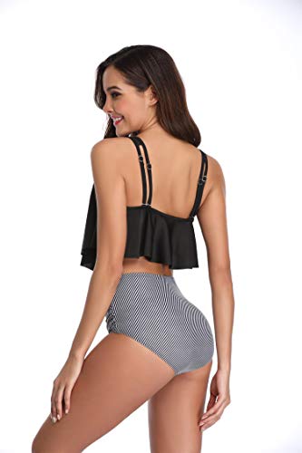 Traje de Baño Mujer Cintura Alta，Sujetador Acolchado Bikini Playa y Piscina (Negro 2, M)