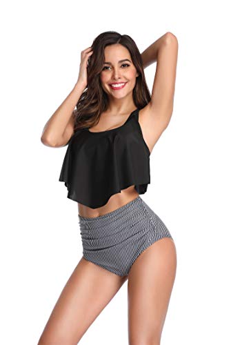 Traje de Baño Mujer Cintura Alta，Sujetador Acolchado Bikini Playa y Piscina (Negro 2, M)