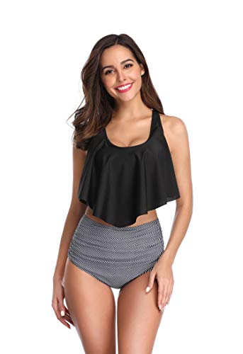 Traje de Baño Mujer Cintura Alta，Sujetador Acolchado Bikini Playa y Piscina (Negro 2, M)