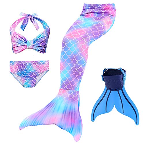 Traje de Baño Niña Cola de Sirena Cosplay Mermaid Bikini de Baño Conjuntos, Set 4 Piezas