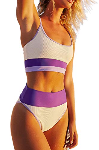 Traje De Baño para Mujer Color Block Push Up Bañador de Cintura Alta a Rayas con Control de Abdomen Conjuntos de Bikini de Dos Piezas