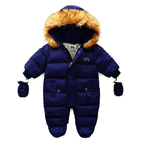 Trajes de Nieve para bebés recién Nacidos, Mamelucos de Invierno, Chaqueta de plumón para bebés, Mono con Capucha, Mono, Ropa de Abrigo cálida con Guantes (Armada, 9-12 Months)