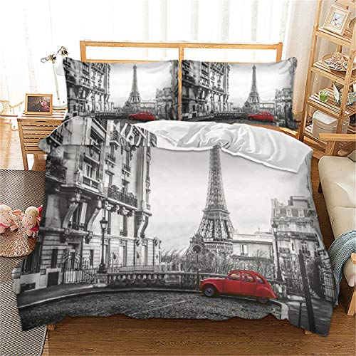 Treer Juego de Ropa de Cama 3 Piezas, Microfibra 3D Moderno Ciudad Juego de Fundas de Edredón Incluye 1 Funda Nórdica y 2 Funda de Almohada (230x260cm,París)