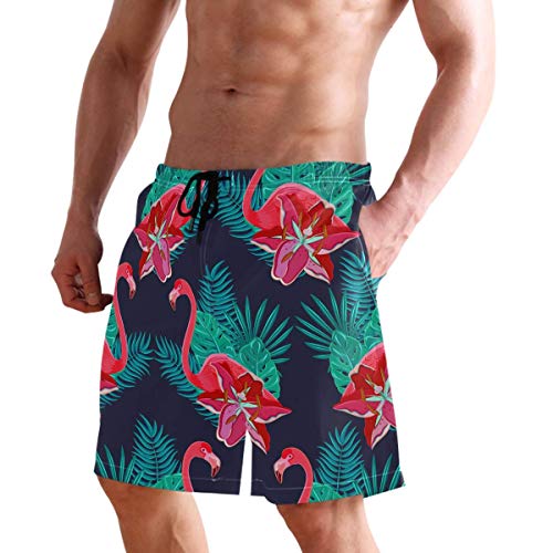 Troncos de natación para Hombre Flamencos Lirios Flor de Hibisco Tropical Swim Boardshort Traje de baño Junto al mar para Hacer Ejercicio en Las Vacaciones