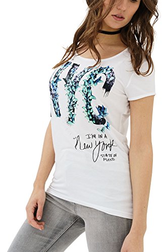 trueprodigy Casual Mujer Marca Camiseta con impresión Estampada Ropa Retro Vintage Rock Vestir Moda Cuello Redondo Manga Corta Slim Fit Designer Fashion T-Shirt, Colores:White, Tamaño:XS