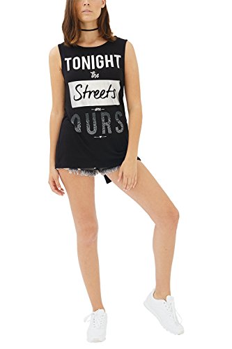 trueprodigy Casual Mujer Marca Camiseta De Tirantes con impresión Estampada Ropa Retro Vintage Rock Vestir Moda Cuello Redondo Sin Manga Slim Fit Designer Fashion Top, Colores:Black, Tamaño:S