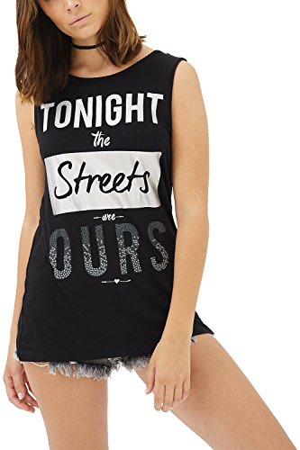 trueprodigy Casual Mujer Marca Camiseta De Tirantes con impresión Estampada Ropa Retro Vintage Rock Vestir Moda Cuello Redondo Sin Manga Slim Fit Designer Fashion Top, Colores:Black, Tamaño:S