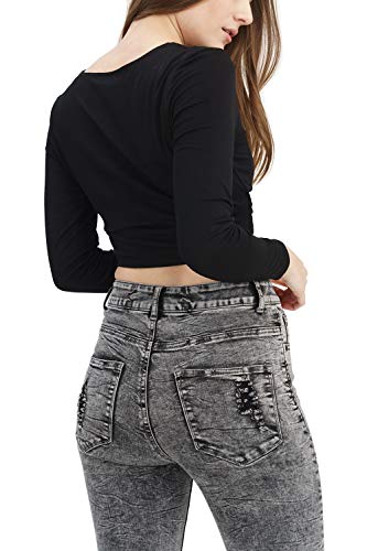 trueprodigy Casual Mujer Marca Camiseta Manga Larga Basico Ropa Retro Vintage Rock Vestir Moda Cuello Redondo Slim Fit Designer Fashion Top, Colores:Black, Tamaño:XL