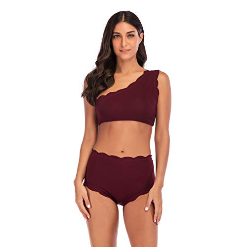 TSWRK Guisado Al Gratén Corte Alto Vendimia Uno Hombro Dos Piezas Trajes de Baño Conjunto de Bikini (Rojo, XL)