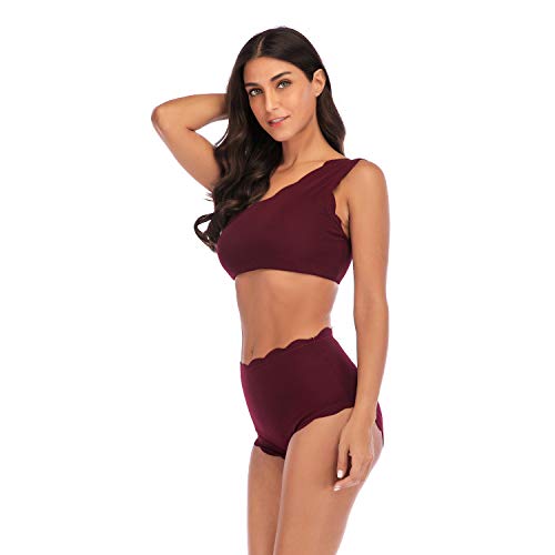 TSWRK Guisado Al Gratén Corte Alto Vendimia Uno Hombro Dos Piezas Trajes de Baño Conjunto de Bikini (Rojo, XL)