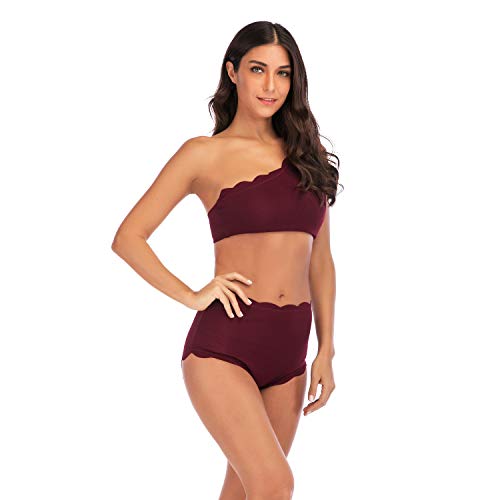 TSWRK Guisado Al Gratén Corte Alto Vendimia Uno Hombro Dos Piezas Trajes de Baño Conjunto de Bikini (Rojo, XL)