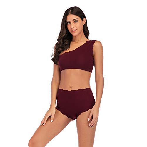 TSWRK Guisado Al Gratén Corte Alto Vendimia Uno Hombro Dos Piezas Trajes de Baño Conjunto de Bikini (Rojo, XL)
