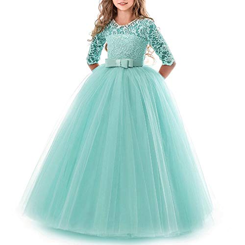 TTYAOVO Chicas Princesa Flor Vestir Largo Pelota Vestido Cordón Cumpleaños Vestidos 6-7 años(Talla130) 378 Verde