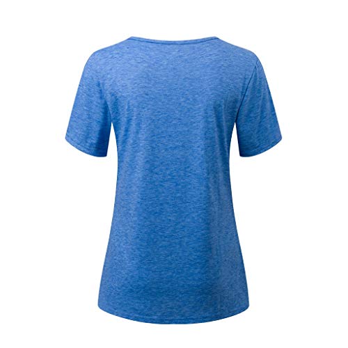 TUDUZ Blusa Mujer Manga Corta Camisa De Color Liso Botones Irregulares Dobladillos Tops Moda Camisetas Elegante (Azul Claro, XXL)